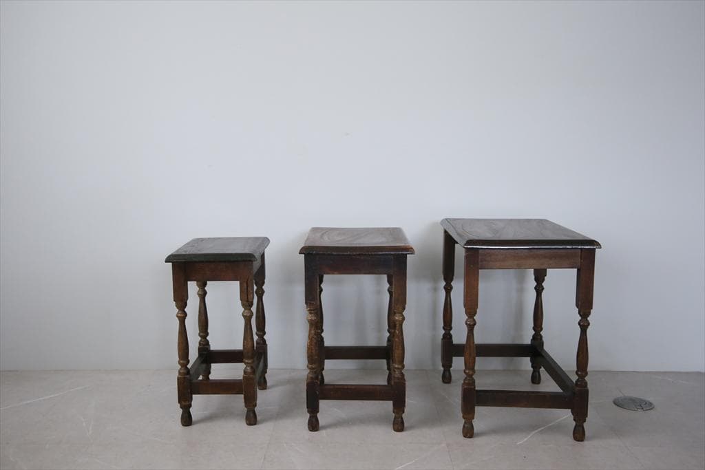 英国アンティーク木製ネストテーブル3台/収納式机サイドテーブル飾り棚(84-45