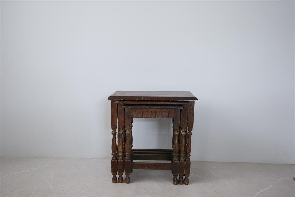 英国アンティーク木製ネストテーブル3台/収納式机サイドテーブル飾り棚(84-45