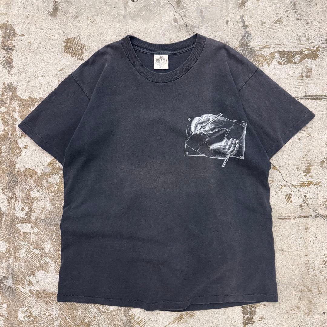 90年代 MCエッシャー　描く手　tシャツ　古着　M フェード