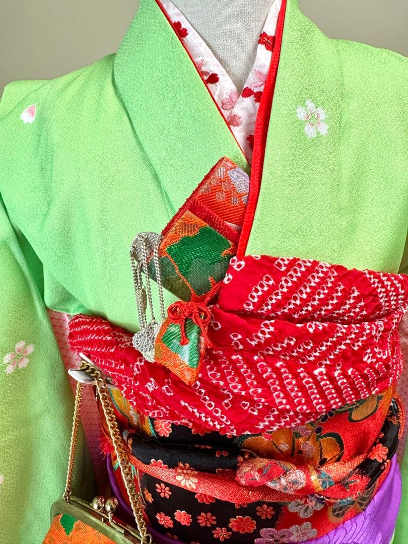 7歳七五三セット　着物草履バッグ付き　黄緑系①