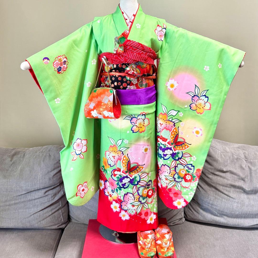 7歳七五三セット　着物草履バッグ付き　黄緑系①