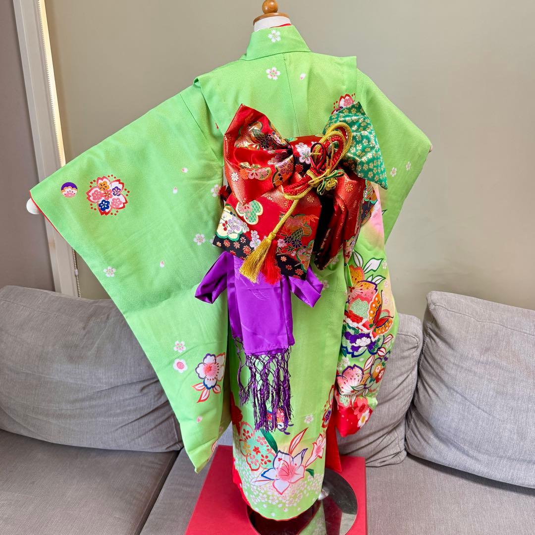 7歳七五三セット　着物草履バッグ付き　黄緑系①