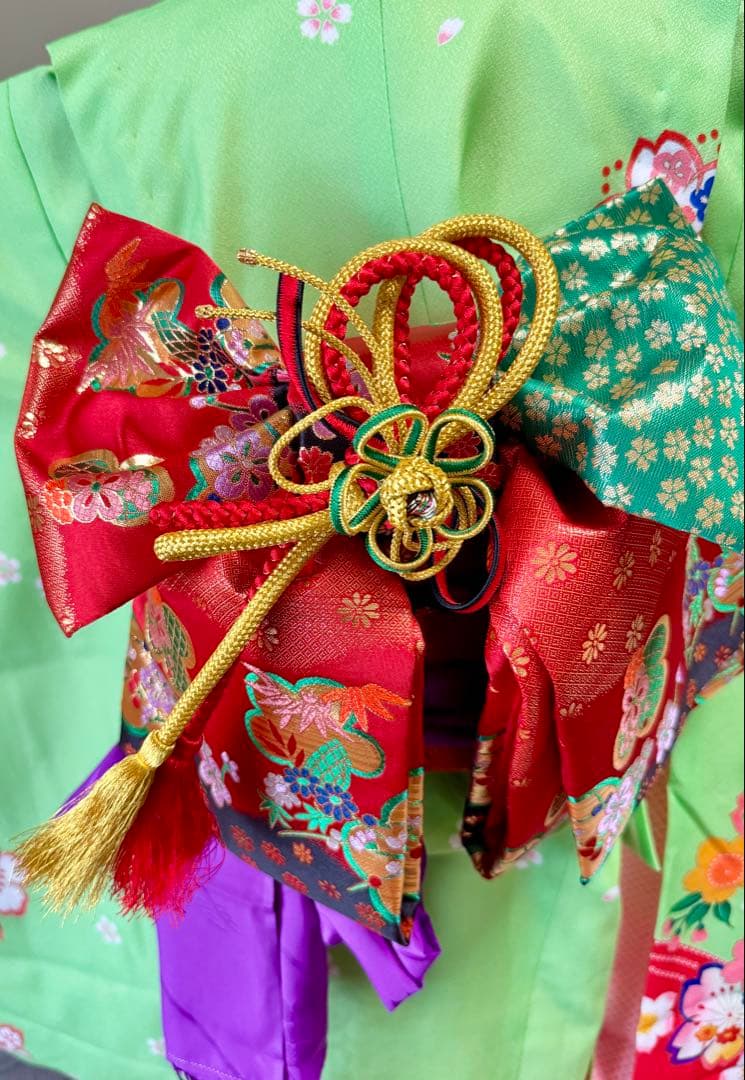 7歳七五三セット　着物草履バッグ付き　黄緑系①