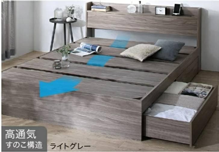 セミダブル・Newデザイン2杯収納コンセント付きベッド・ライトグレー 7-4