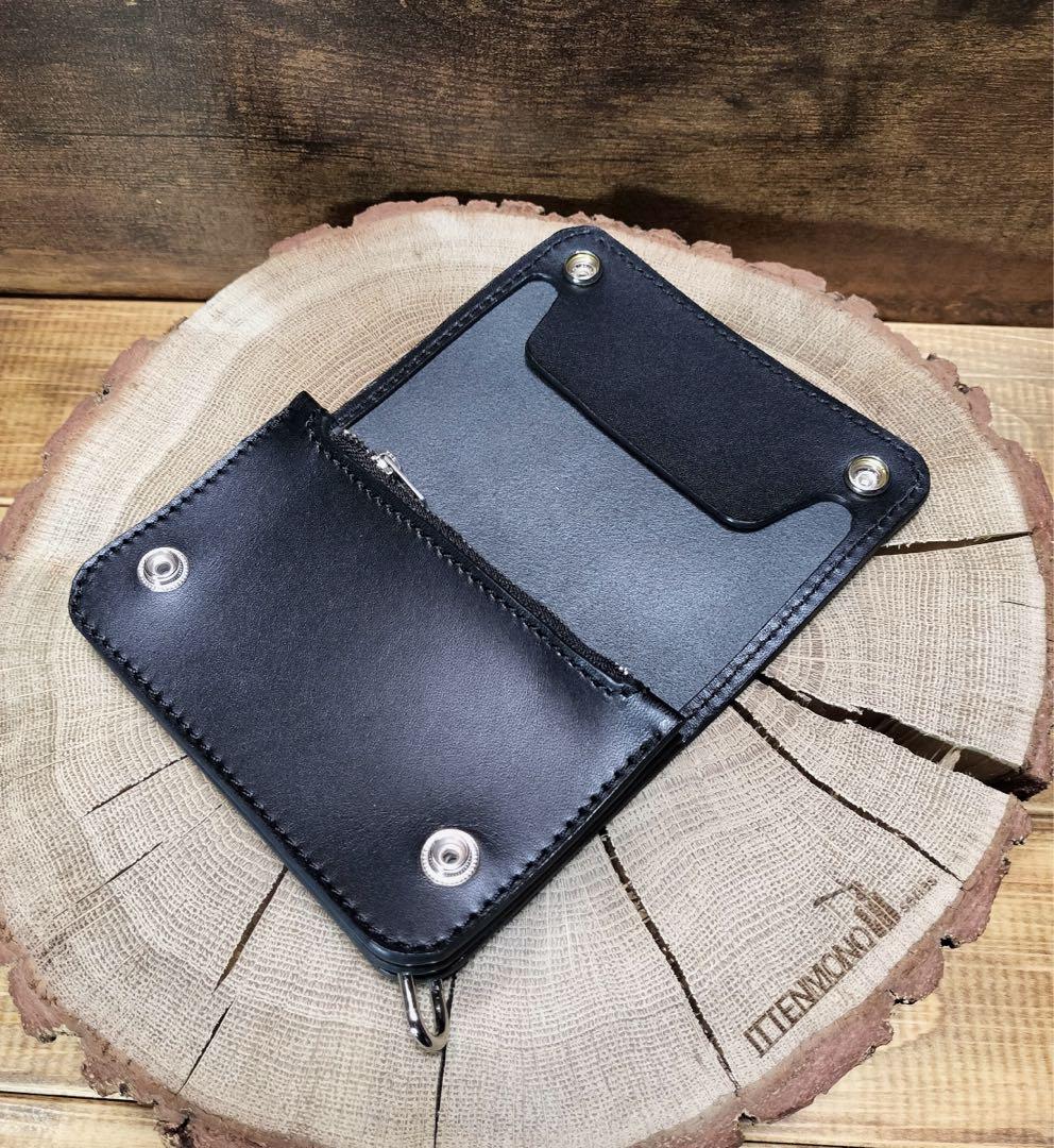 栃木レザー　お札を折らないショートトラッカーウォレット　黒　3層　ハンドメイド