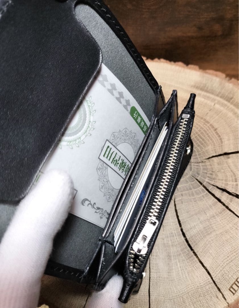 栃木レザー　お札を折らないショートトラッカーウォレット　黒　3層　ハンドメイド