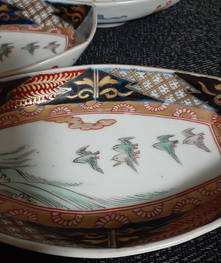 【専用ページ❗】ルマンドが好き様 江戸時代末期　古伊万里　錦手　波千鳥図皿　5客