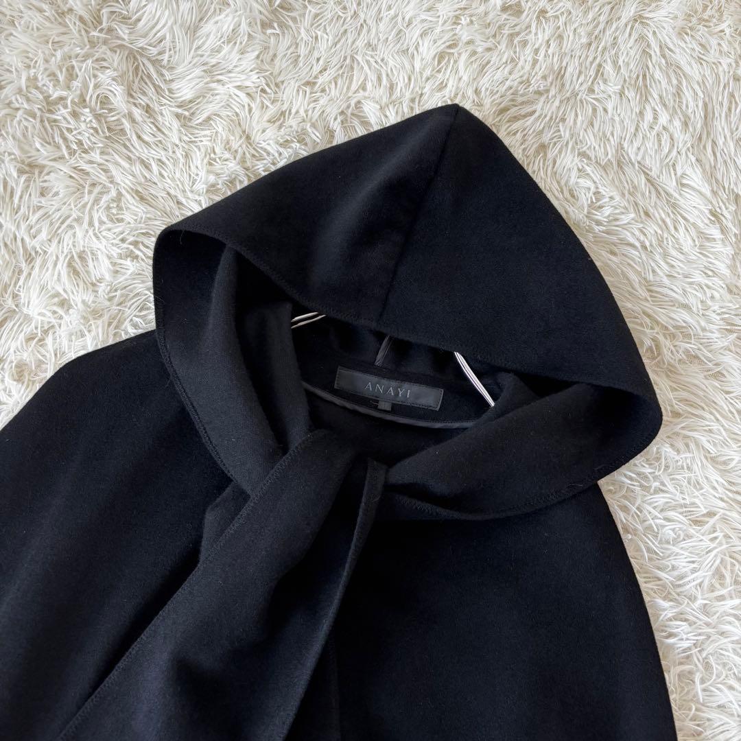ANAYI✨アンゴラウール　ボウタイポンチョ　ケープコート　フード　黒　リボン
