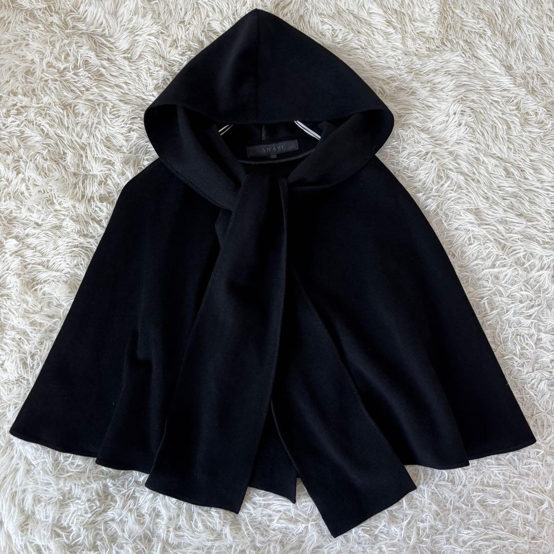 ANAYI✨アンゴラウール　ボウタイポンチョ　ケープコート　フード　黒　リボン