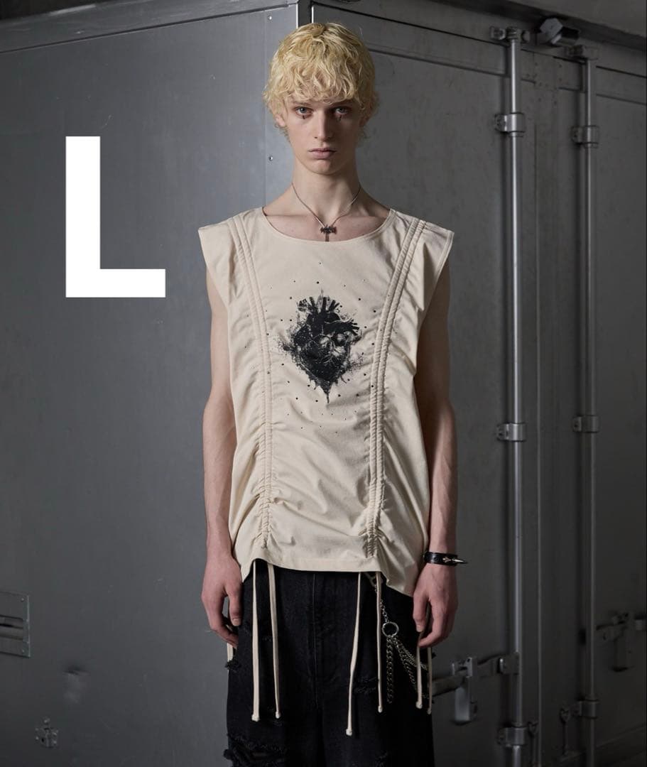 grancy シャーリングデザインラインストーングラフィックノースリーブT L