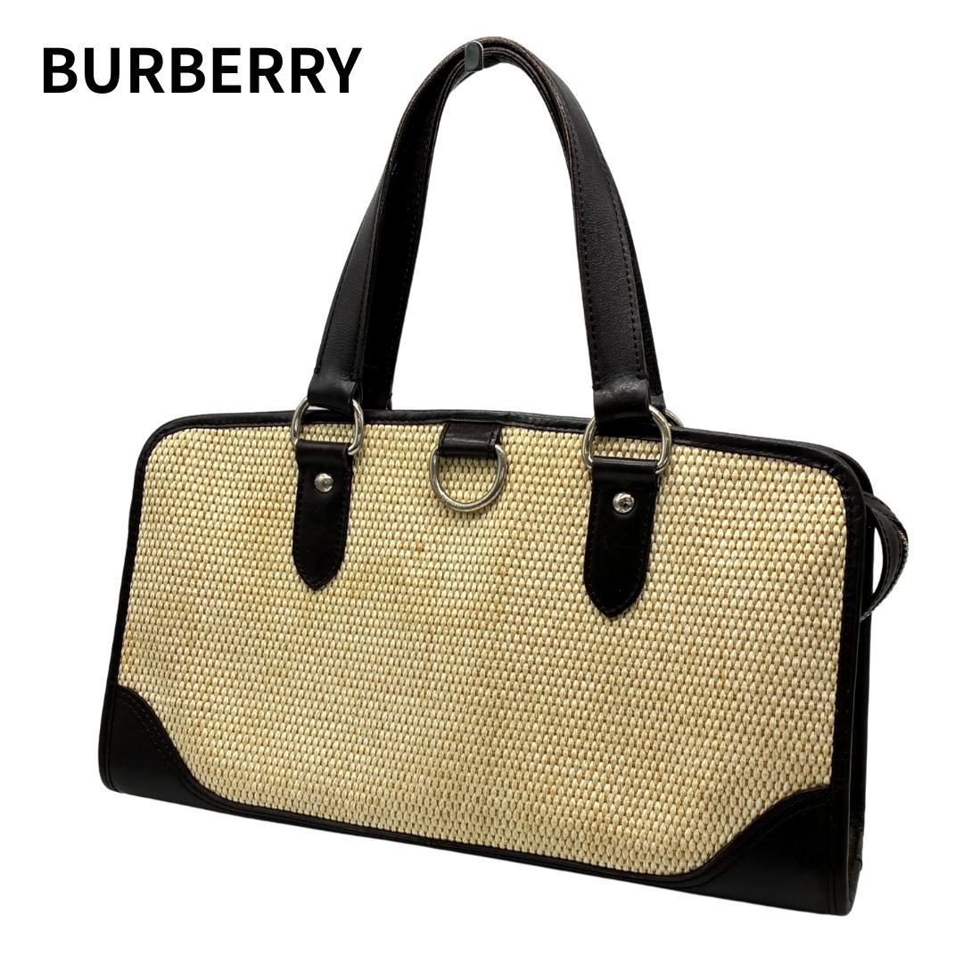 BURBERRY バーバリー レザーハンドル×ラフィア風 トートバッグ