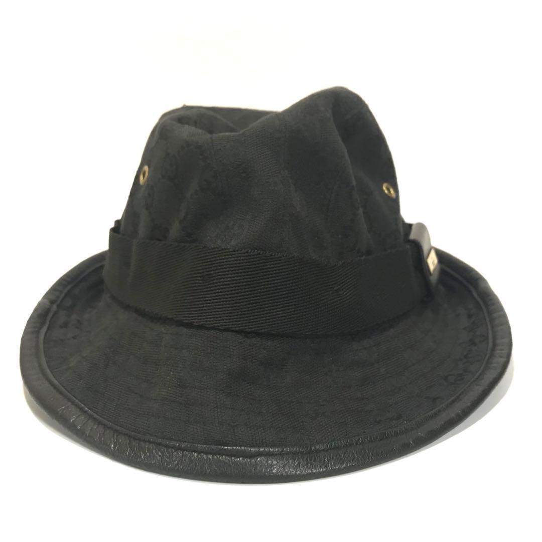 GUCCI グッチ GGキャンバス 黒 ゴールド金具 Lサイズ ハット 帽子
