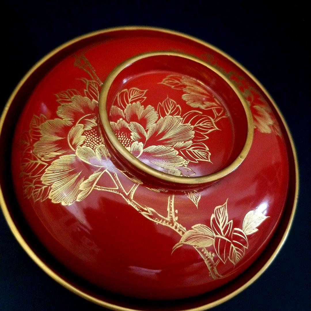 yuki 木製 吸物椀 朱塗 沈金牡丹花文 吸物椀 煮物椀 懐石椀 4客