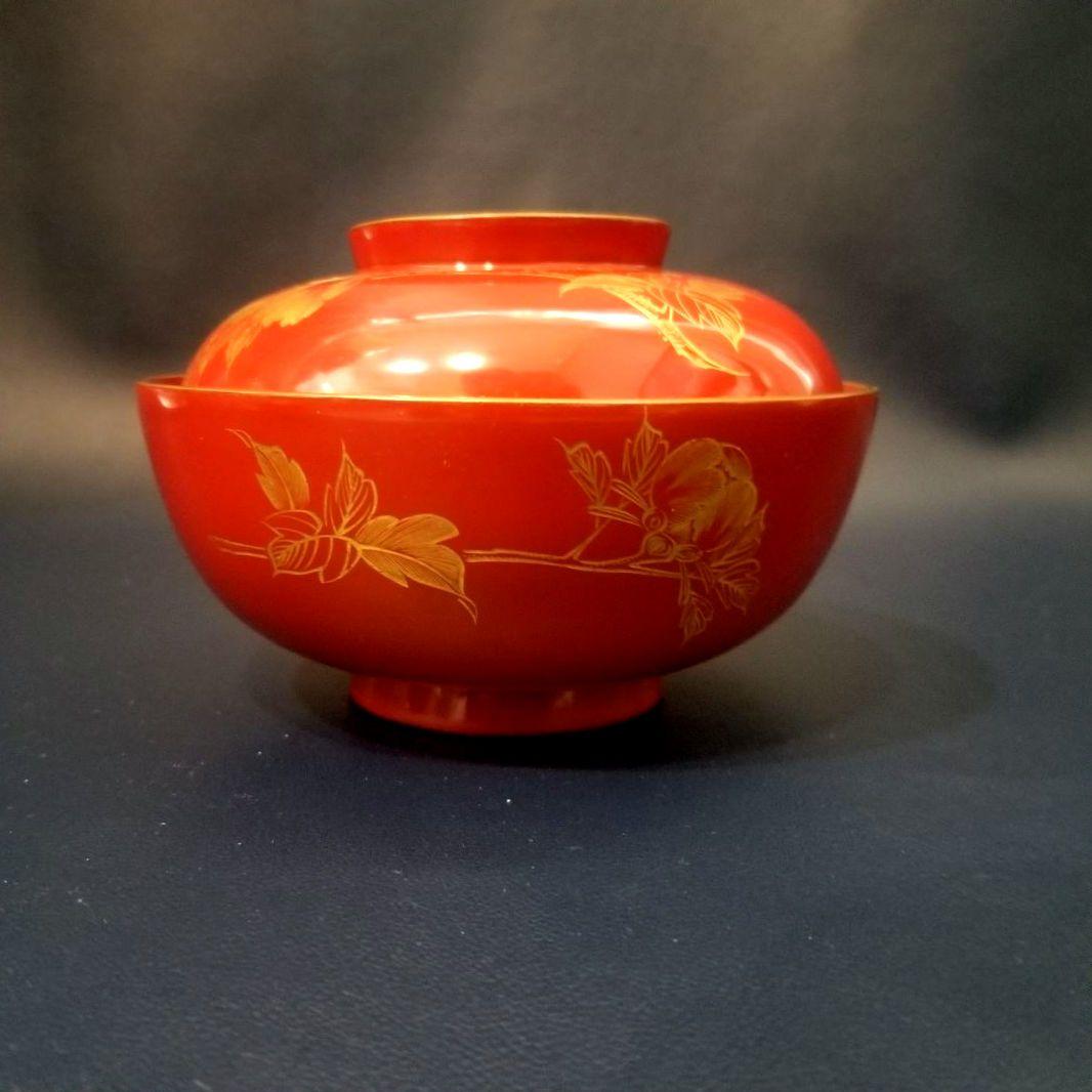 yuki 木製 吸物椀 朱塗 沈金牡丹花文 吸物椀 煮物椀 懐石椀 4客