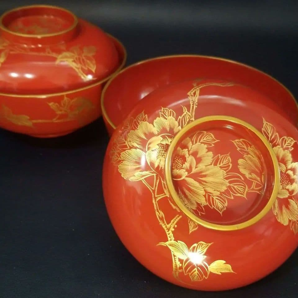 yuki 木製 吸物椀 朱塗 沈金牡丹花文 吸物椀 煮物椀 懐石椀 4客