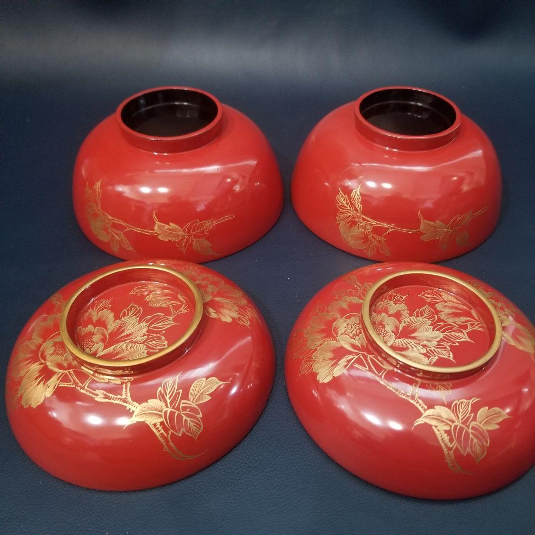 yuki 木製 吸物椀 朱塗 沈金牡丹花文 吸物椀 煮物椀 懐石椀 4客