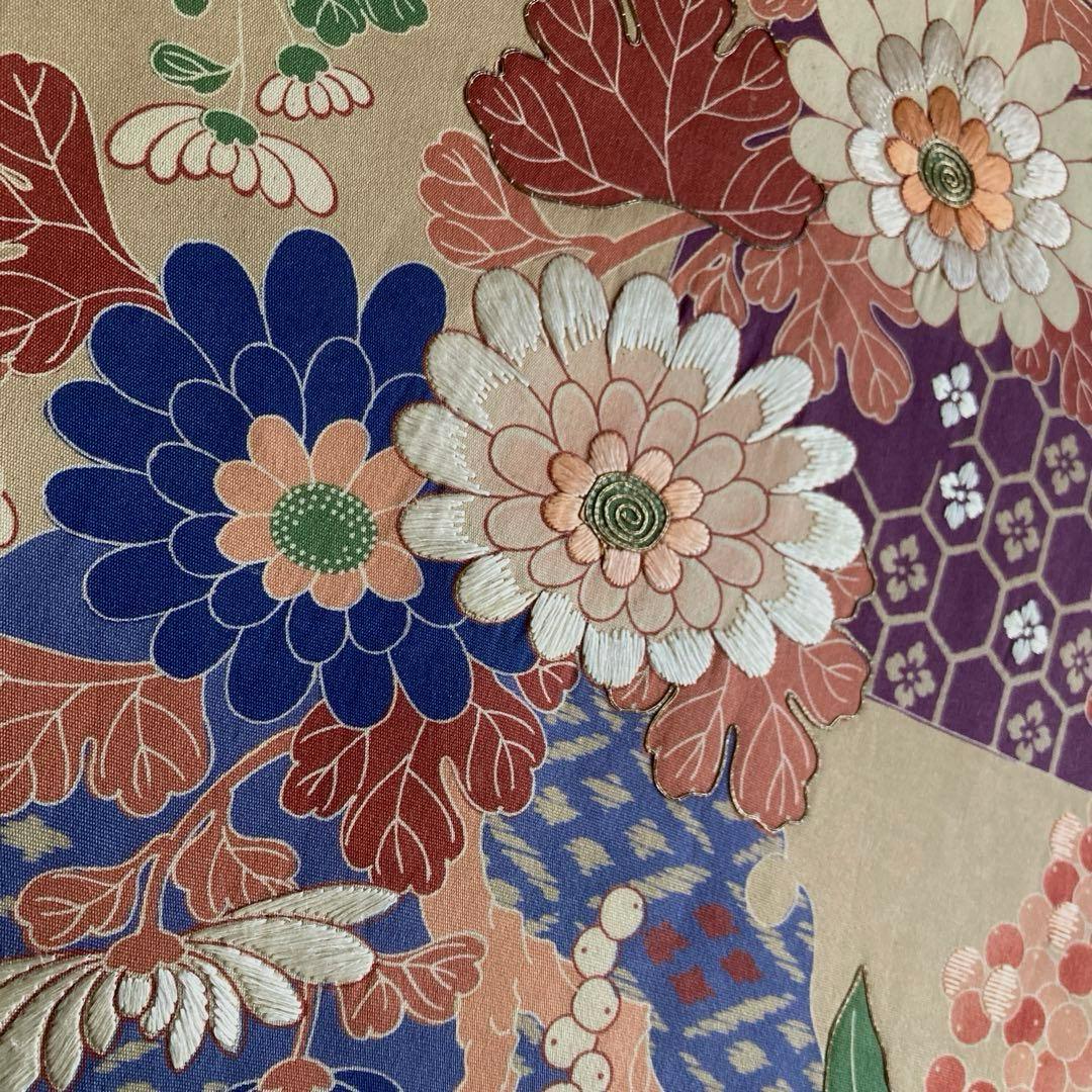 くるみ　　アンティーク京袋帯　刺繍の花模様・葡萄　正絹　No2-26