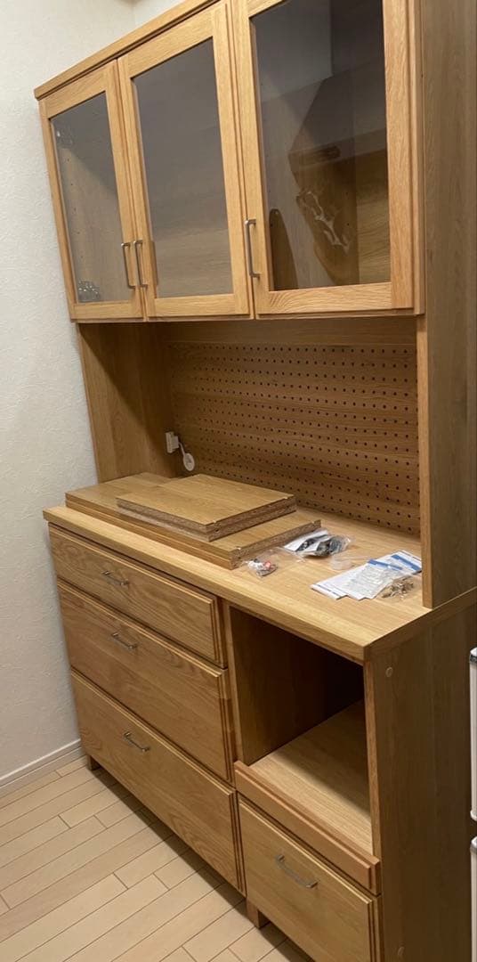 【12/6まで】ガラス扉付き食器棚　キッチンボード　ホワイトオーク　幅120cm