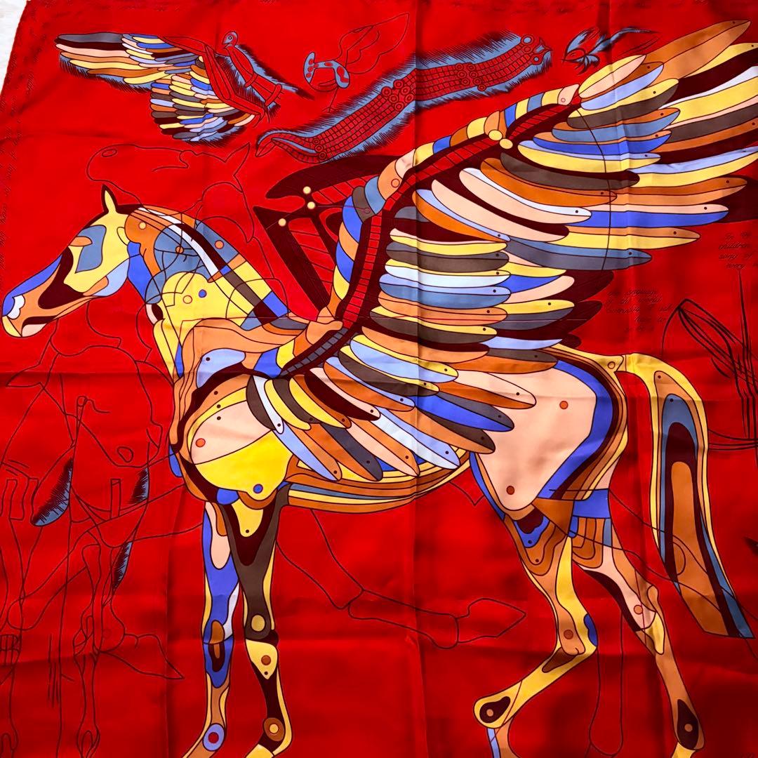 美品★エルメス カレ90 レッド マルチカラー シルク スカーフ ペガサス