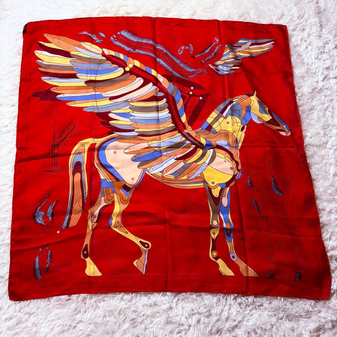 美品★エルメス カレ90 レッド マルチカラー シルク スカーフ ペガサス