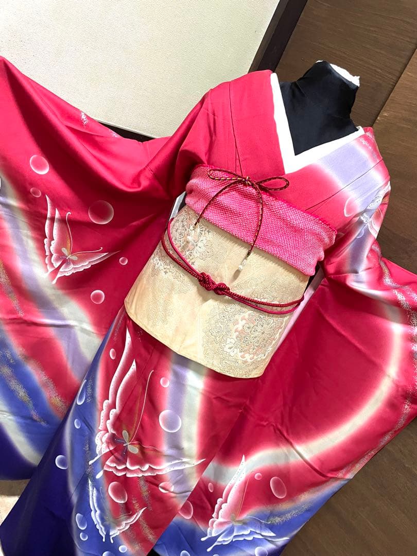 振袖フルセット6点サイズM〜Ｌ舞蝶文　暈し染め　金銀彩　正絹