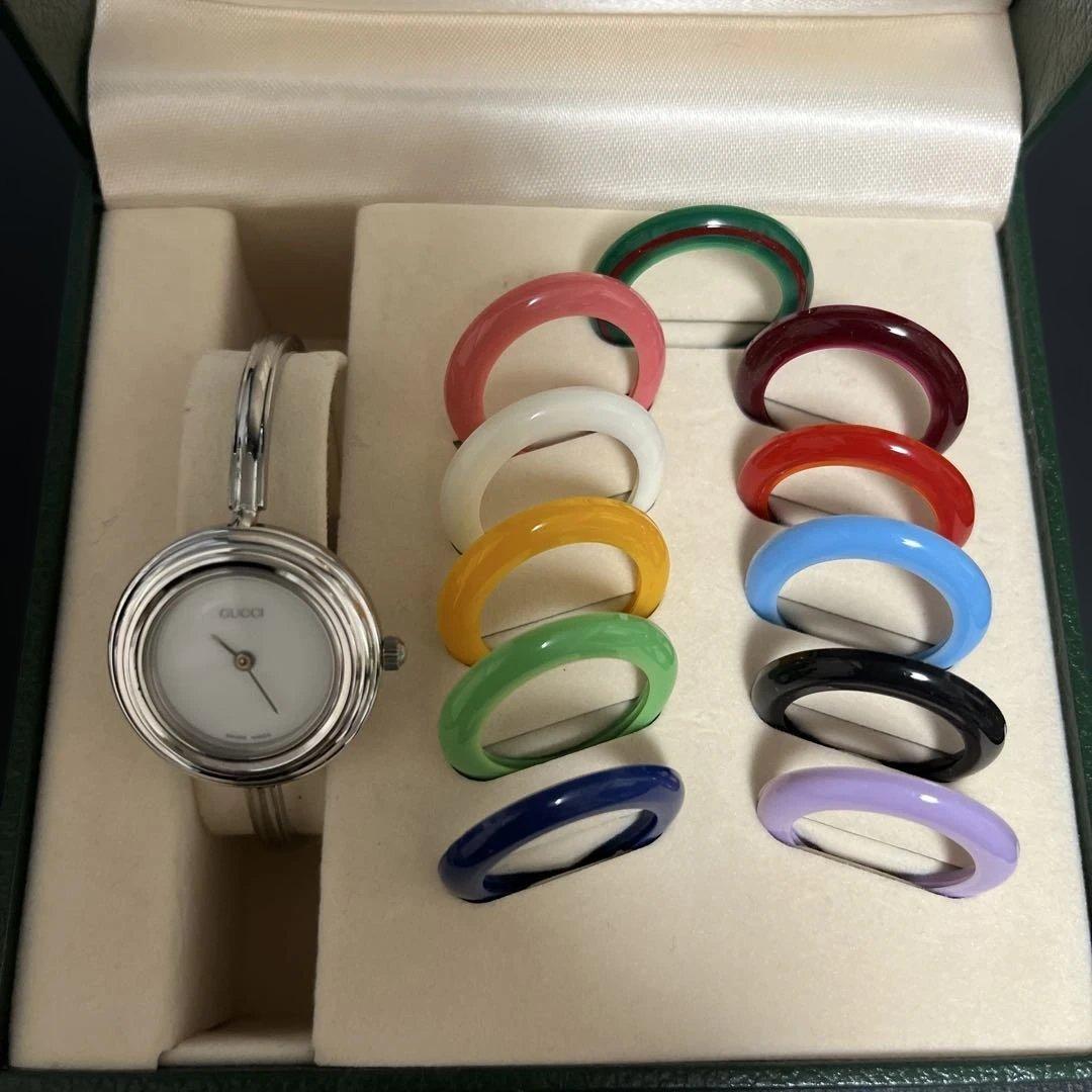【美品】GUCCI　チェンジベゼル　シルバー　新品電池　レディース腕時計　稼働