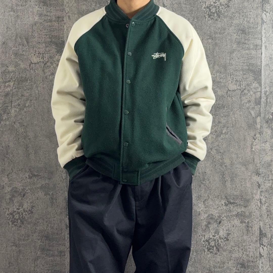STUSSY スタジャン スタジアムジャンパー ウール グリーン M 刺繍ロゴ