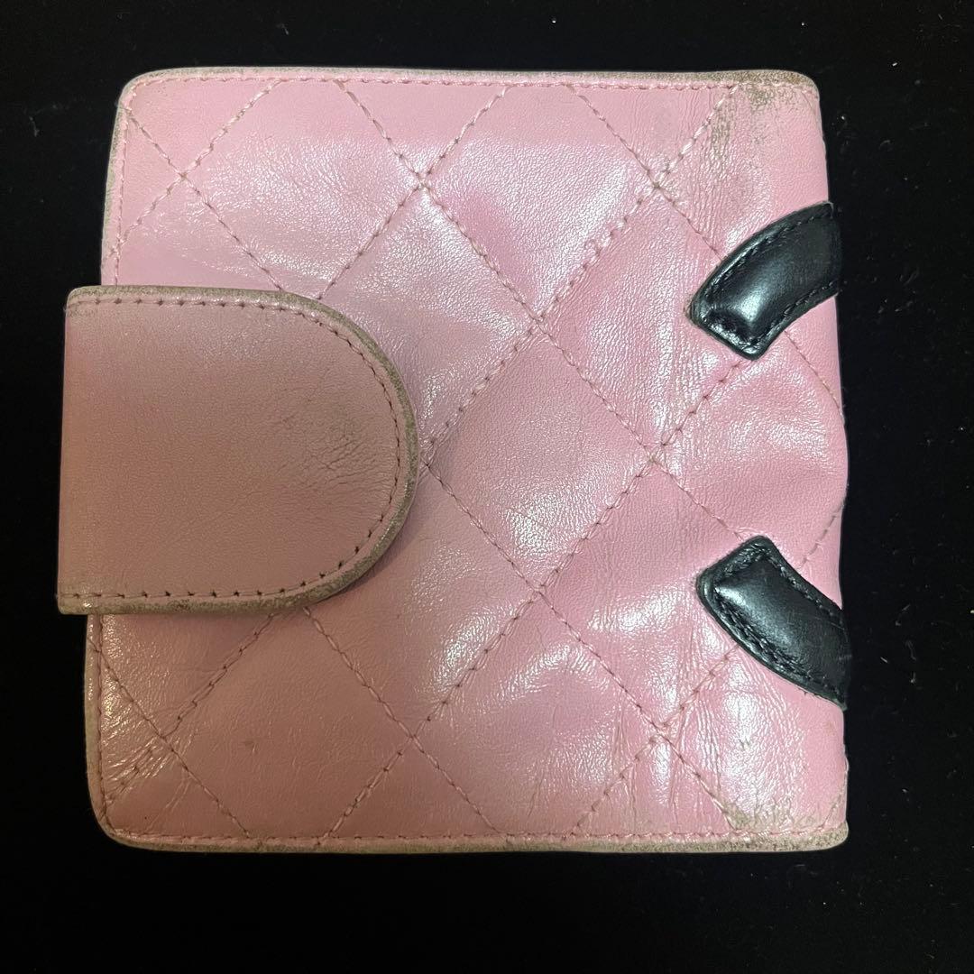 CHANEL シャネル　カンボン　ラムスキン 二つ折り財布 ピンク　ブラック