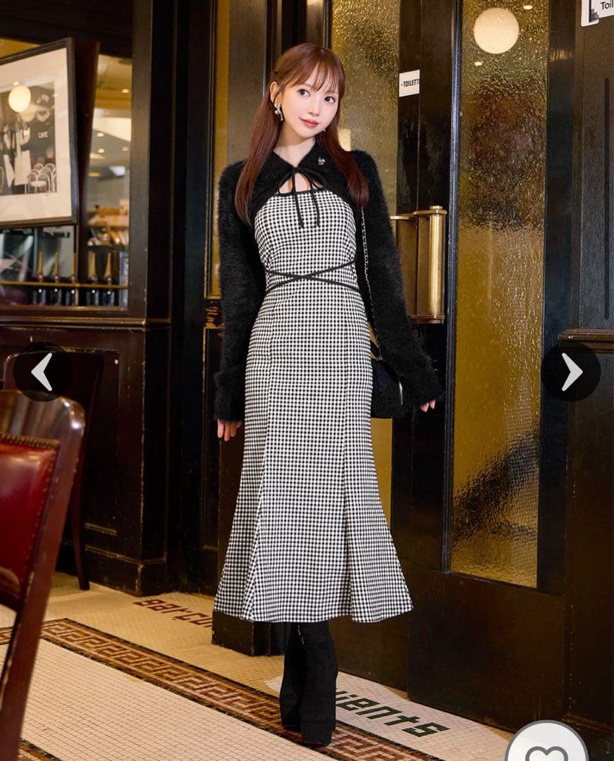 michellMacaron シャギーボレロsetギンガムチェックロングワンピ