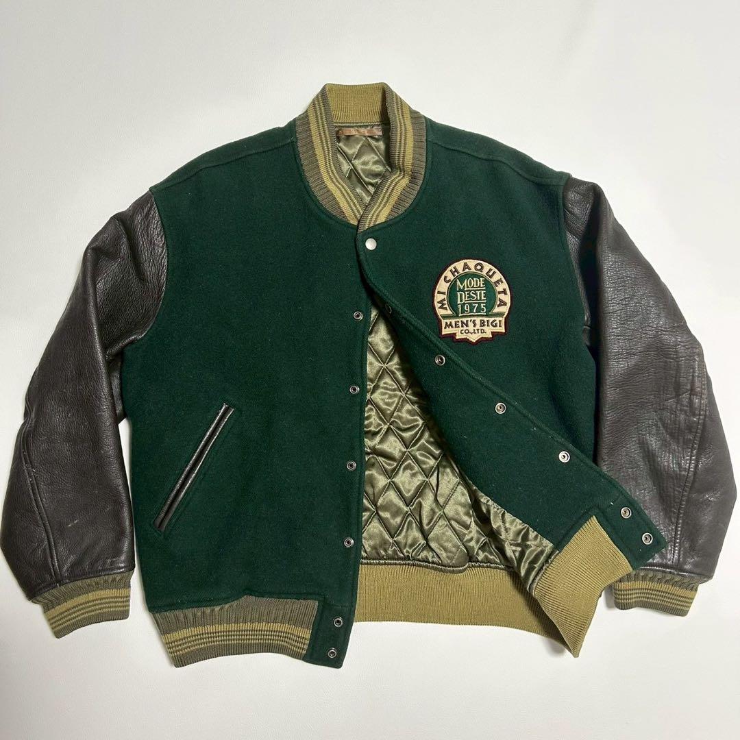 【美品】MEN’S BIGI スタジャン ウール×レザー切替 緑 旧タグ 3