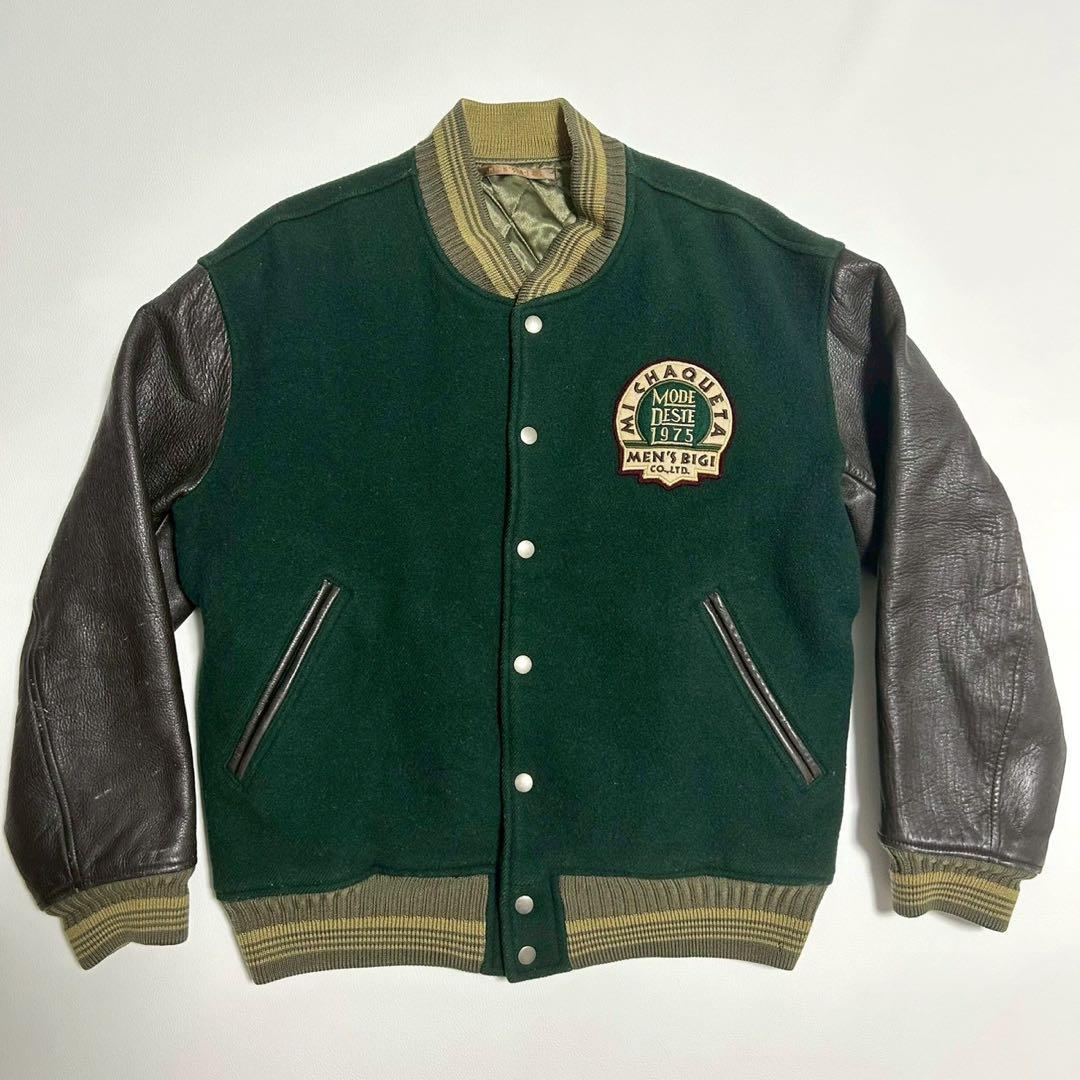 【美品】MEN’S BIGI スタジャン ウール×レザー切替 緑 旧タグ 3