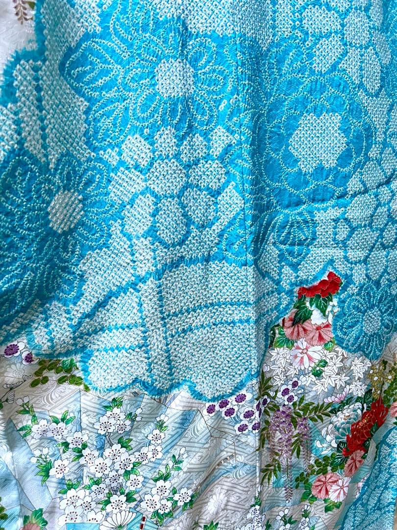 最高級　絞りと刺繍　水色 　オレンジ系花柄 　金駒刺繡　金糸　振袖 着物