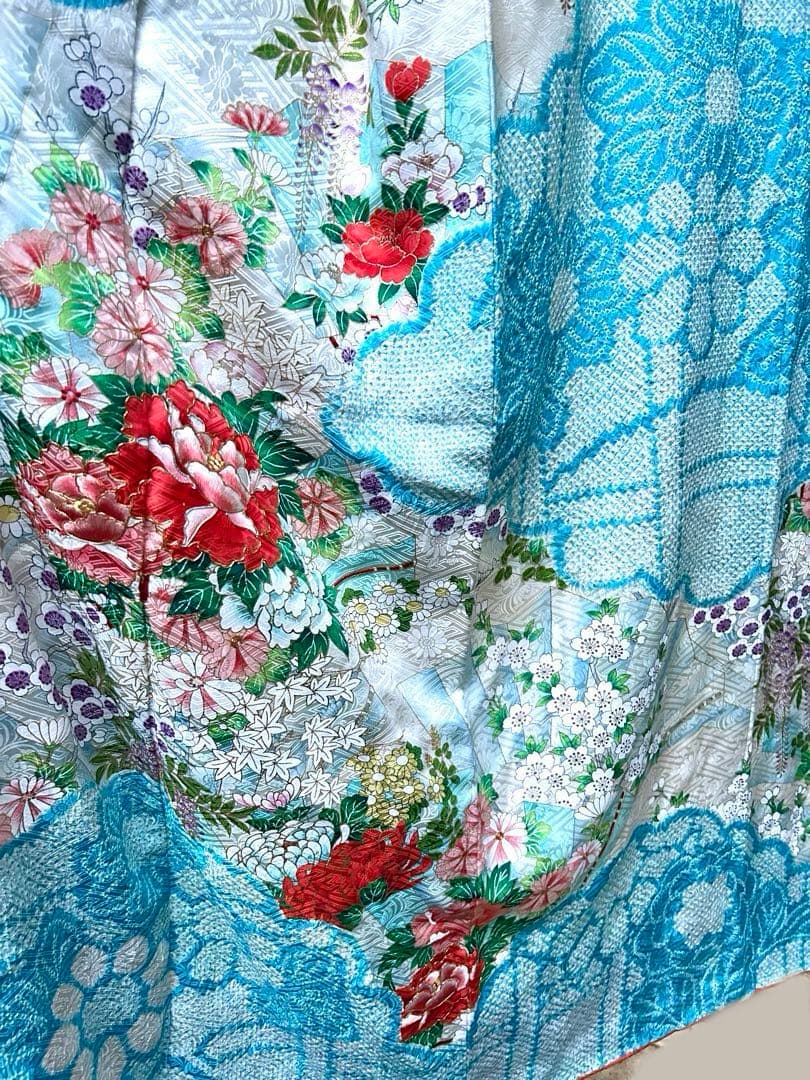 最高級　絞りと刺繍　水色 　オレンジ系花柄 　金駒刺繡　金糸　振袖 着物
