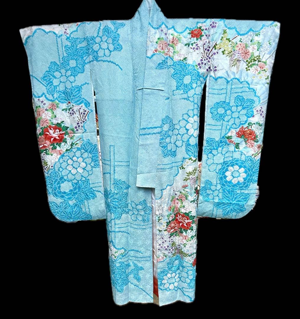 最高級　絞りと刺繍　水色 　オレンジ系花柄 　金駒刺繡　金糸　振袖 着物