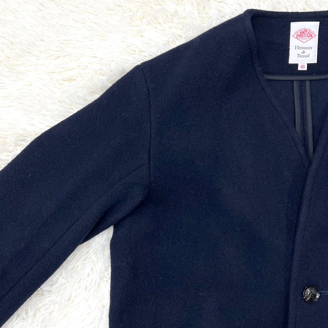 【ダントン】 ウールモッサ Vネック ノーカラー ジャケット 40 ネイビー