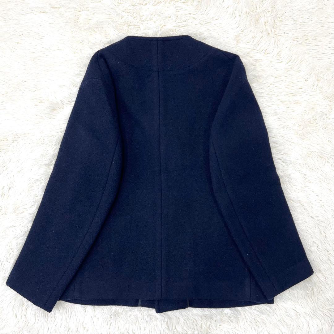 【ダントン】 ウールモッサ Vネック ノーカラー ジャケット 40 ネイビー