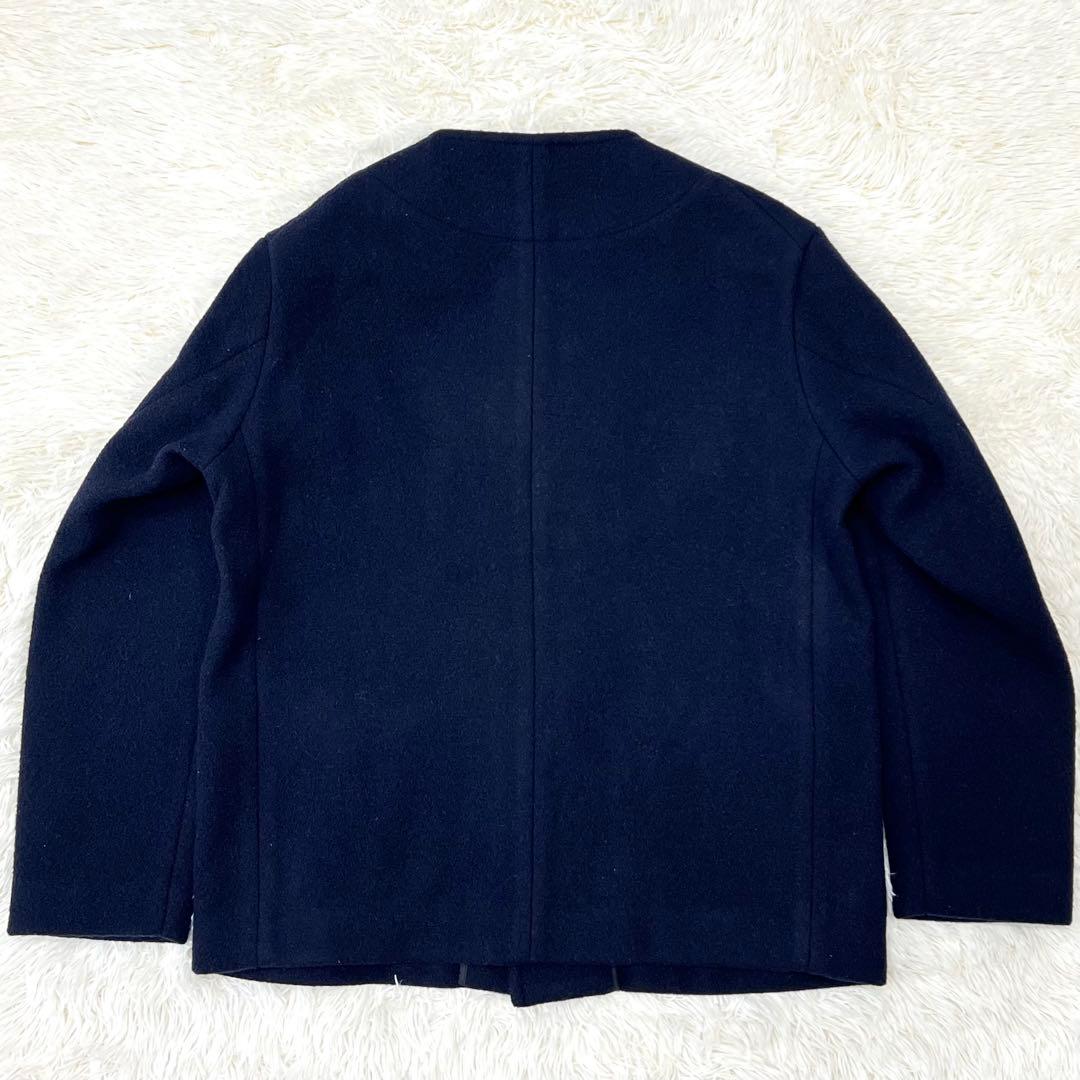 【ダントン】 ウールモッサ Vネック ノーカラー ジャケット 40 ネイビー