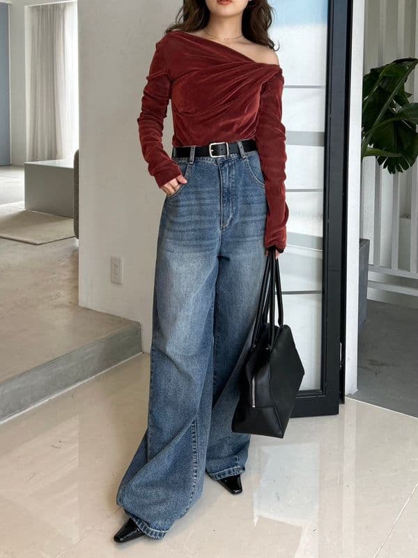 ☆人気完売☆フレイアイディー／アシメデコルテフロッキーチュールトップスRED新品