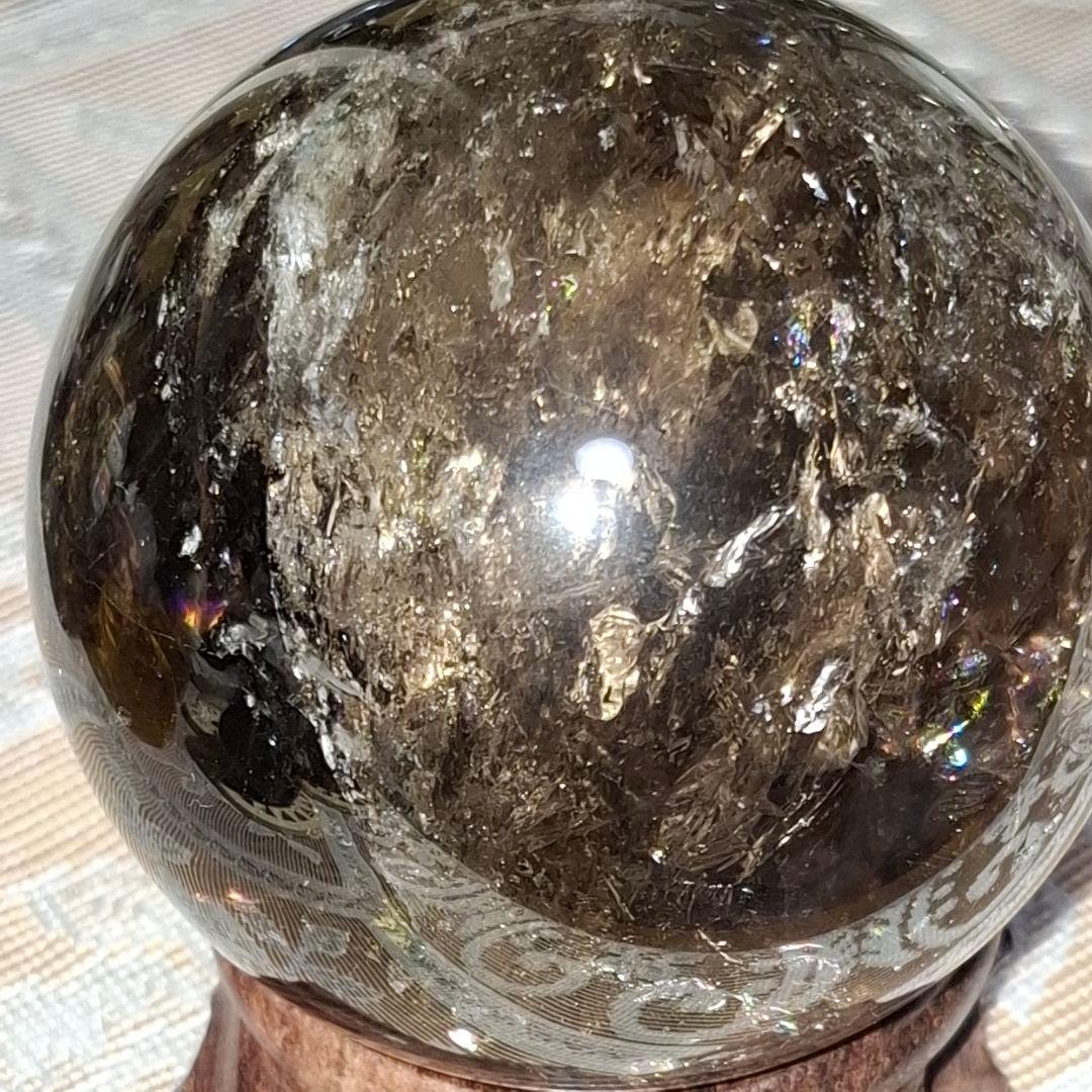 天然石✨️スモーキークォーツ　スフィア✨️爆虹キラキラ　台座付き