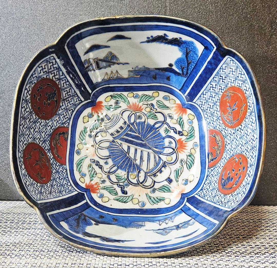 【上作古伊万里❗】幕末〜明治時代　古伊万里　染錦　吉祥図　四方鉢　径19.9cm