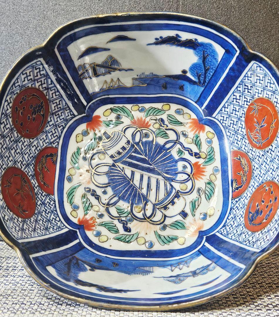 【上作古伊万里❗】幕末〜明治時代　古伊万里　染錦　吉祥図　四方鉢　径19.9cm
