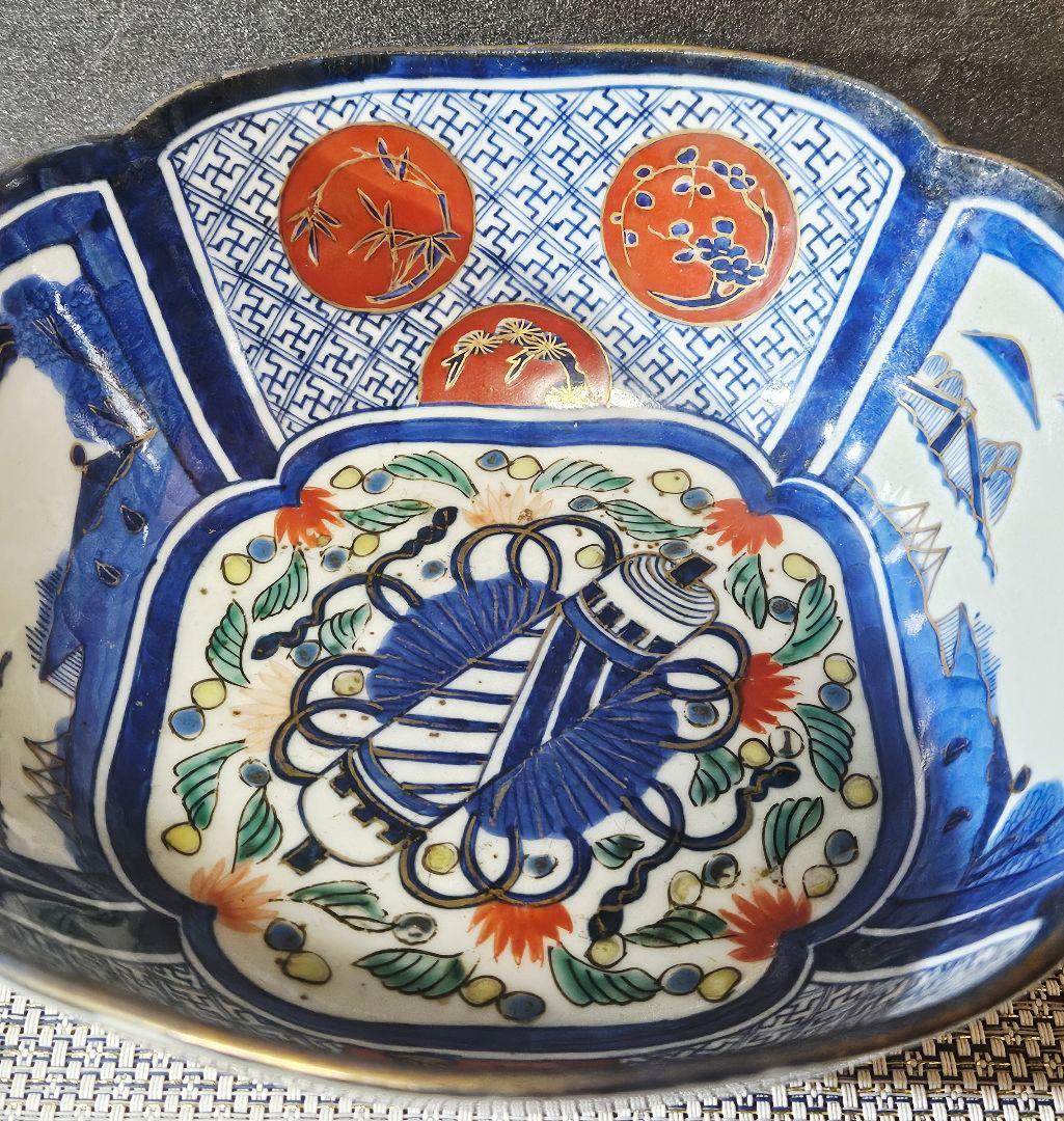 【上作古伊万里❗】幕末〜明治時代　古伊万里　染錦　吉祥図　四方鉢　径19.9cm