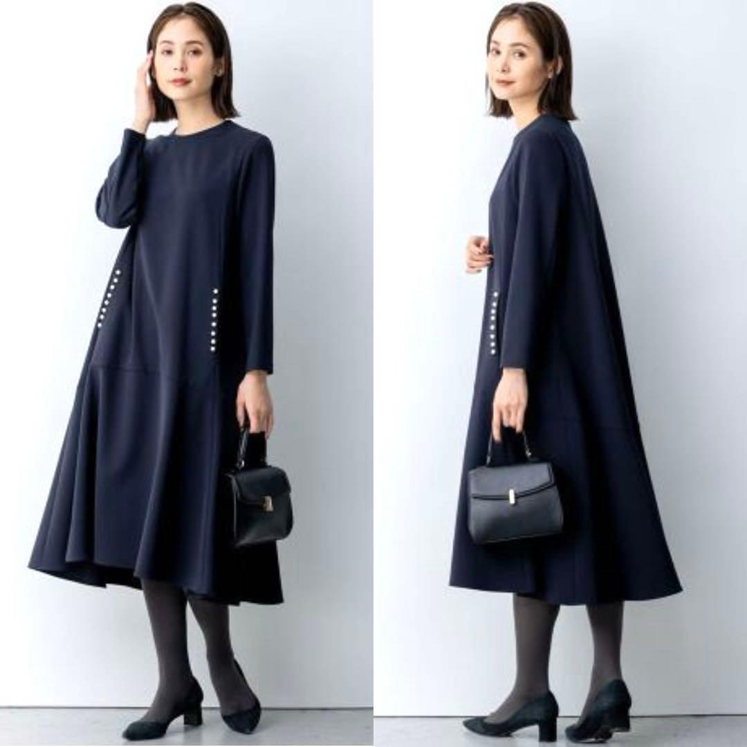 組曲 WEB限定コンフォータブルドレープ ワンピースAライン 紺 パール M