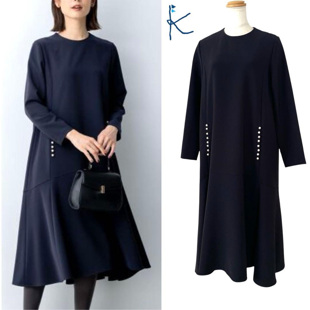 組曲 WEB限定コンフォータブルドレープ ワンピースAライン 紺 パール M