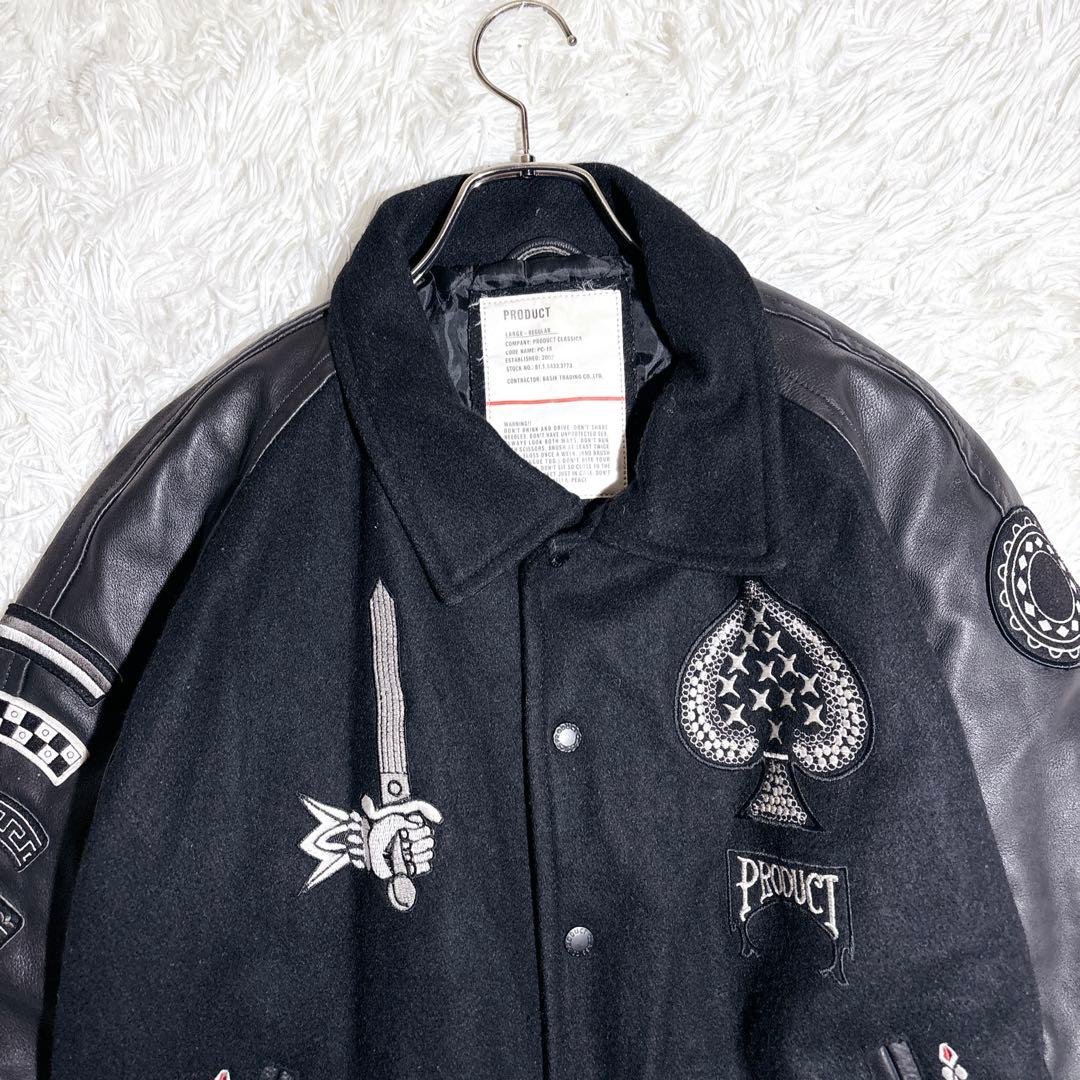 希少 00s PRODUCT 袖レザー スタジャン 刺繍 L ブラック レア