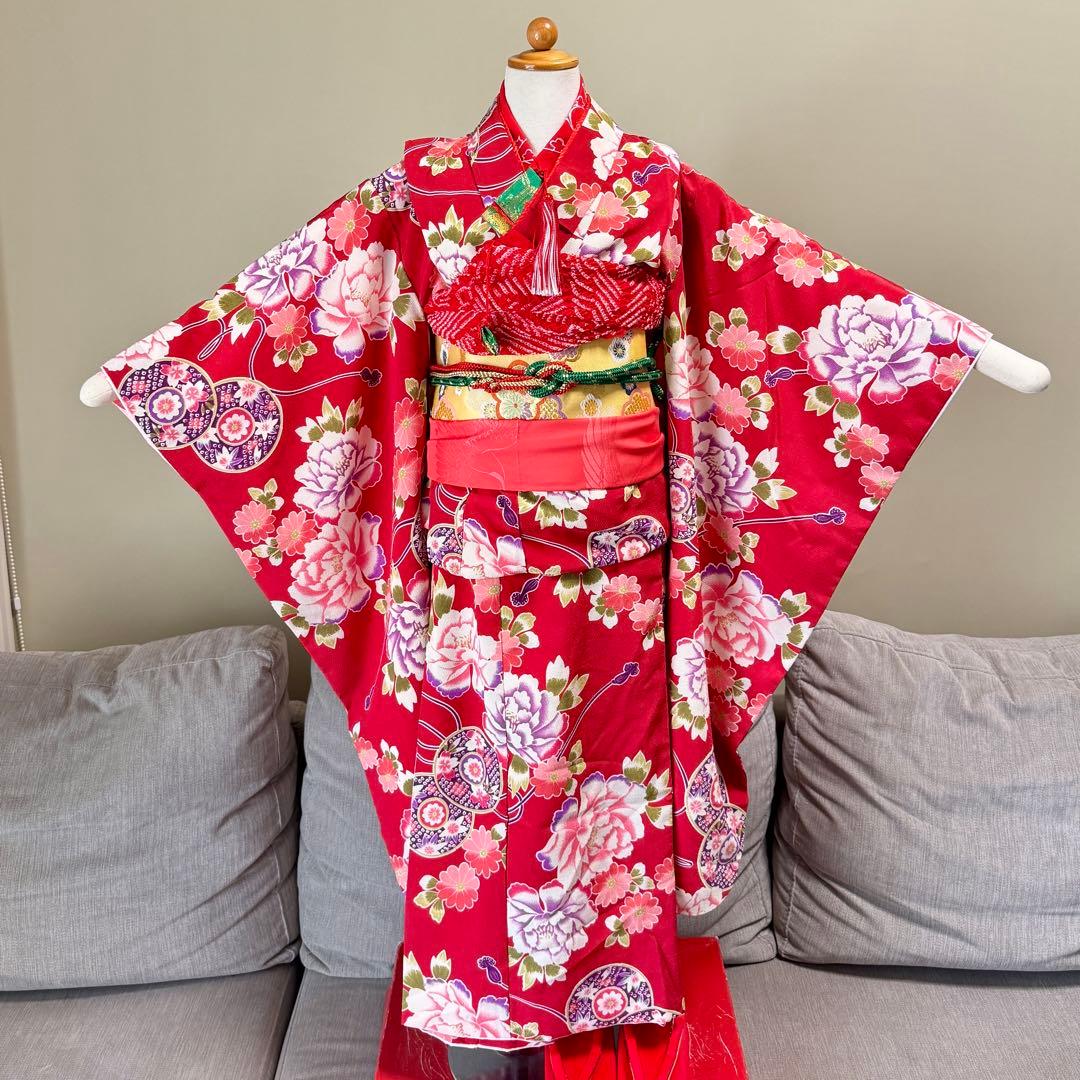 7歳七五三セット　着物草履付き　赤系① 帯未使用品