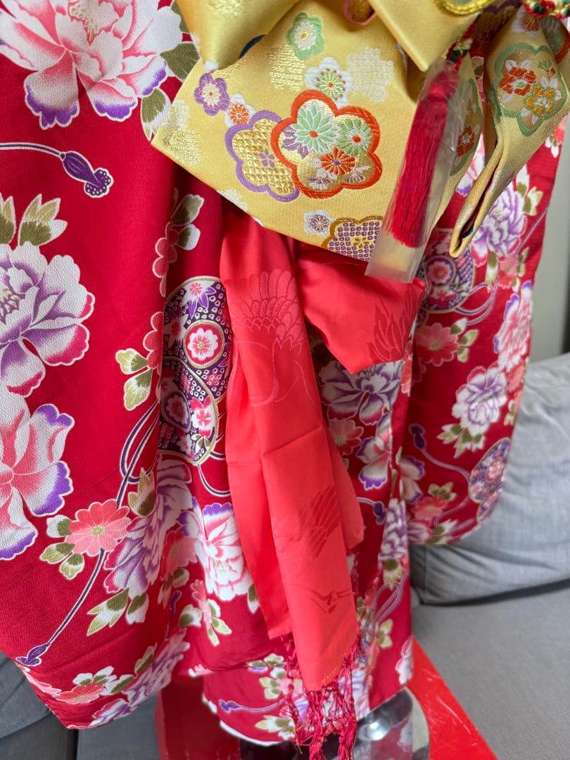 7歳七五三セット　着物草履付き　赤系① 帯未使用品