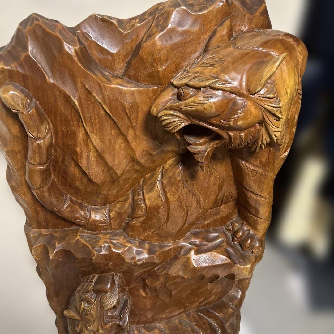 木彫り　虎　双虎アンティーク　刀彫 　 天然木　置物 衝立 縁起物　一枚板