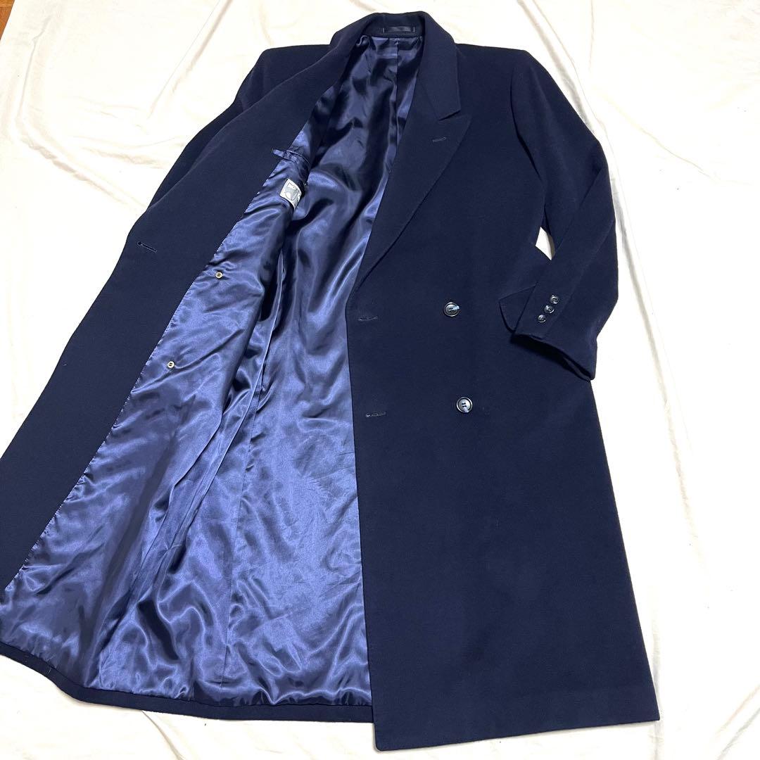 メンズステージ　ダブルチェスターコート　カシミヤ　マキシ丈　紺　美品　L程