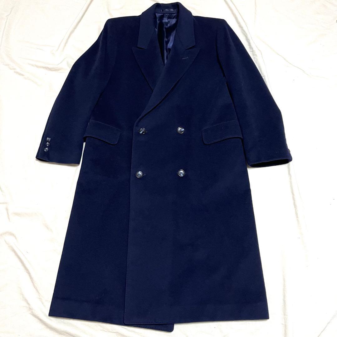 メンズステージ　ダブルチェスターコート　カシミヤ　マキシ丈　紺　美品　L程